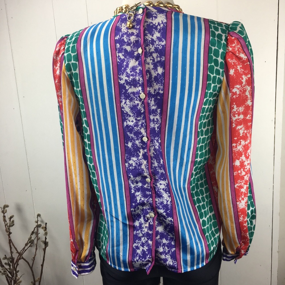 Vtg 80s Multi-Colored Patterned Button Down Blouse - image 4